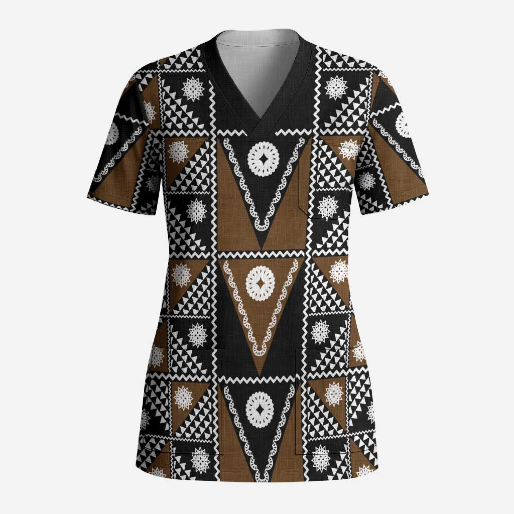 Fiji Brown Masi Pattern Scrub Top Fijian Tapa LT01 Adult Brown - Polynesian Pride