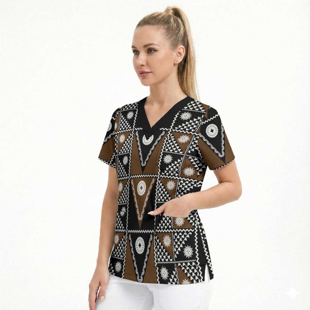 Fiji Brown Masi Pattern Scrub Top Fijian Tapa LT01 - Polynesian Pride