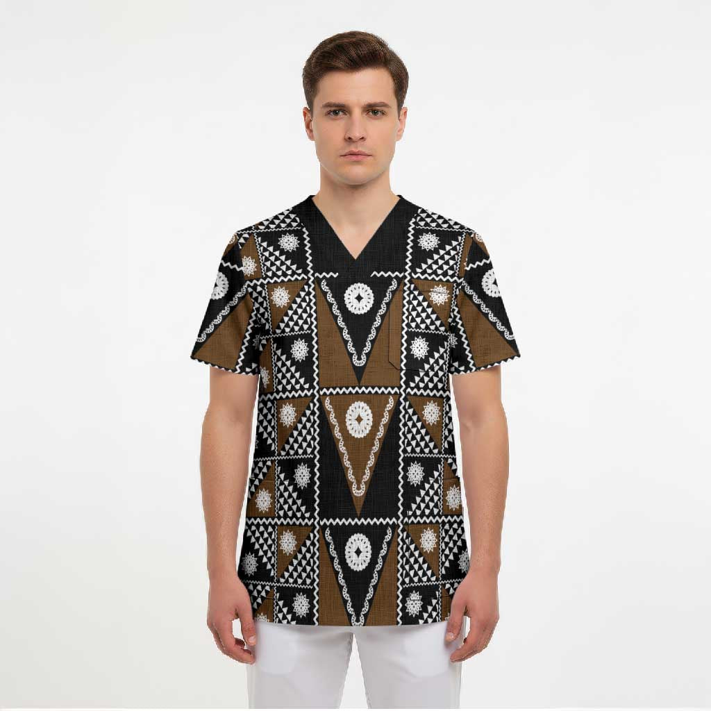 Fiji Brown Masi Pattern Scrub Top Fijian Tapa LT01 - Polynesian Pride