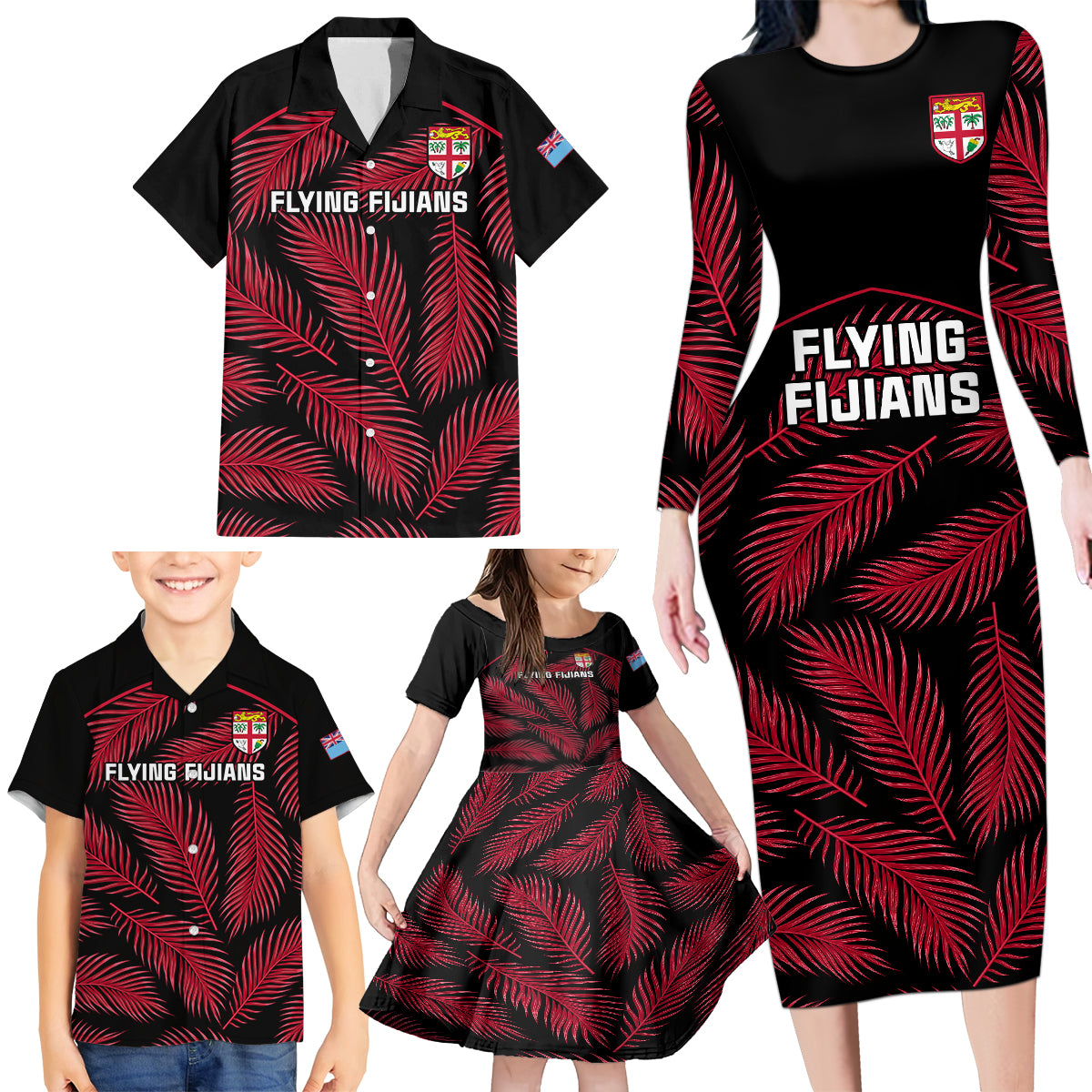 fiji-rugby-family-matching-long-sleeve-bodycon-dress-and-hawaiian-shirt-flying-fijians-red-palm-tree-version