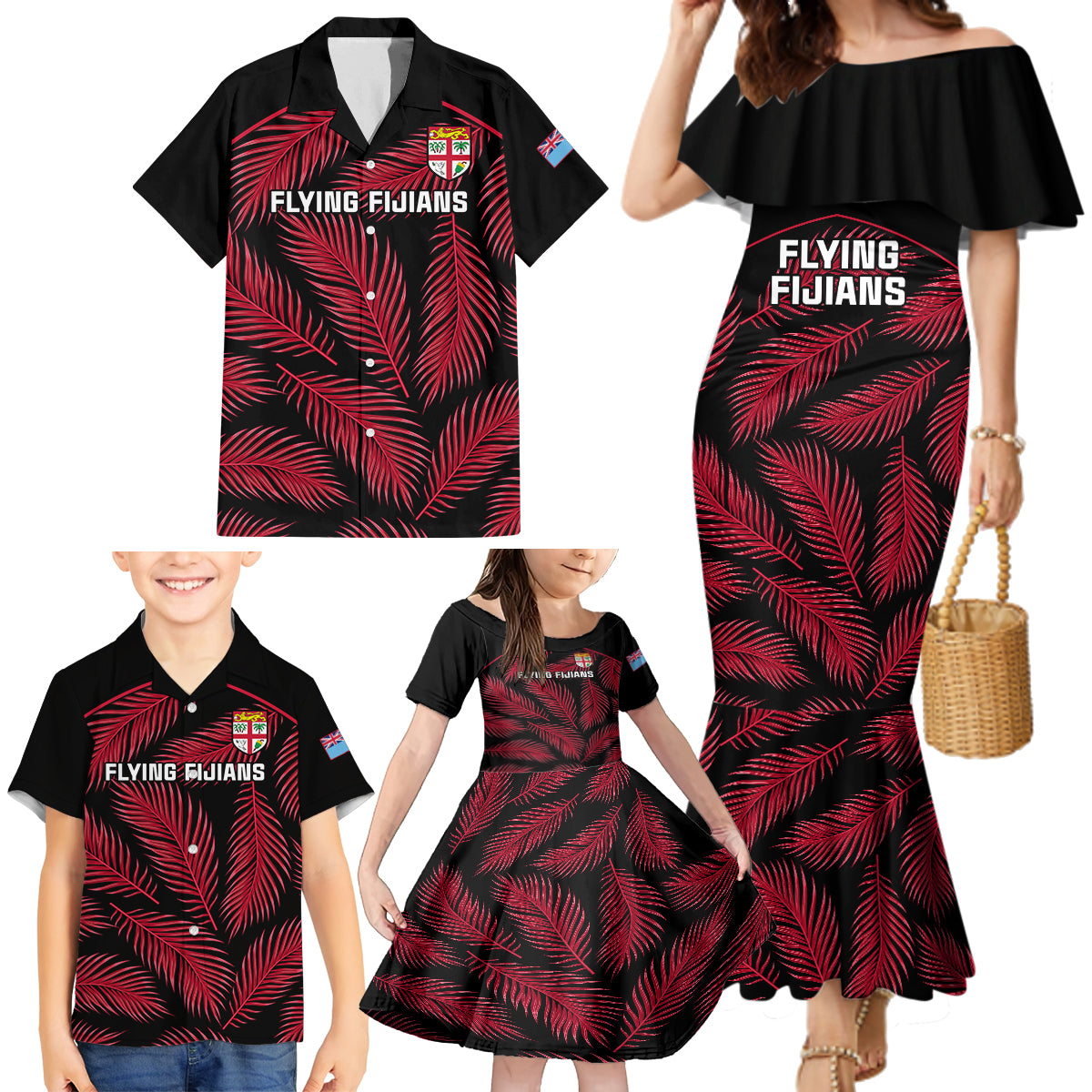 fiji-rugby-family-matching-mermaid-dress-and-hawaiian-shirt-flying-fijians-red-palm-tree-version