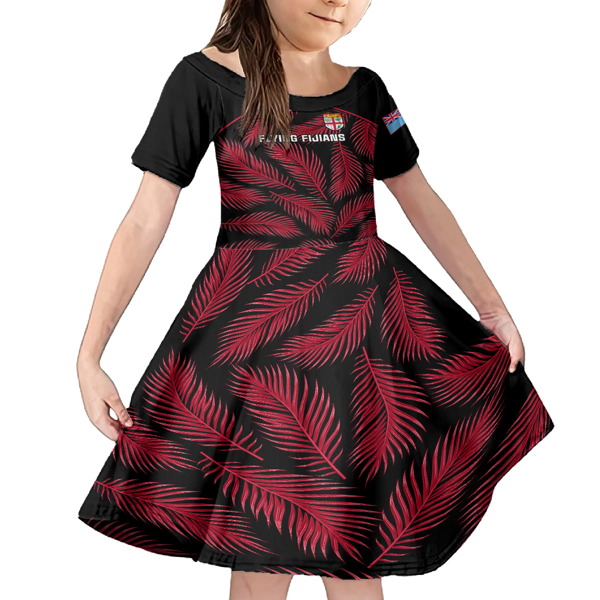 Fiji Rugby Kid Short Sleeve Dress Flying Fijians Red Palm Tree Version LT01 KID Black - Polynesian Pride
