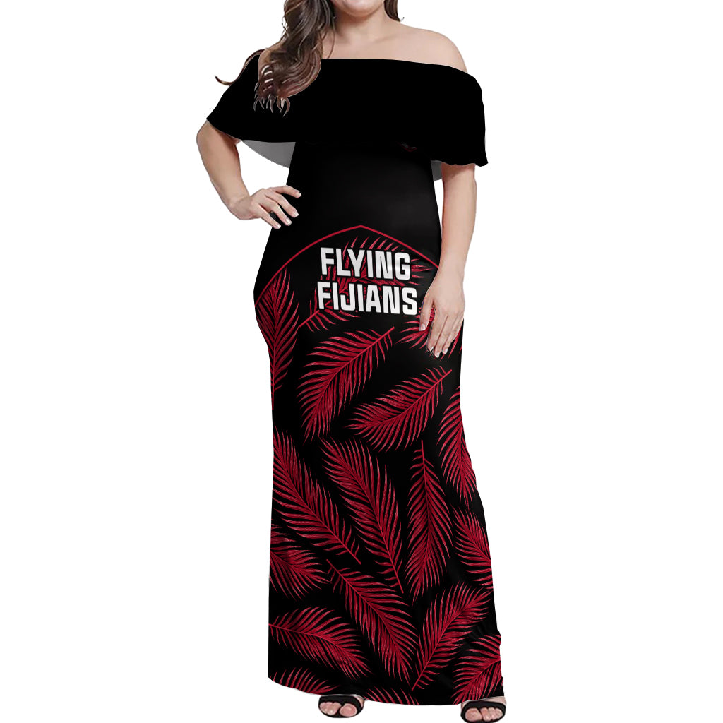 Fiji Rugby Off Shoulder Maxi Dress Flying Fijians Red Palm Tree Version LT01 Women Black - Polynesian Pride