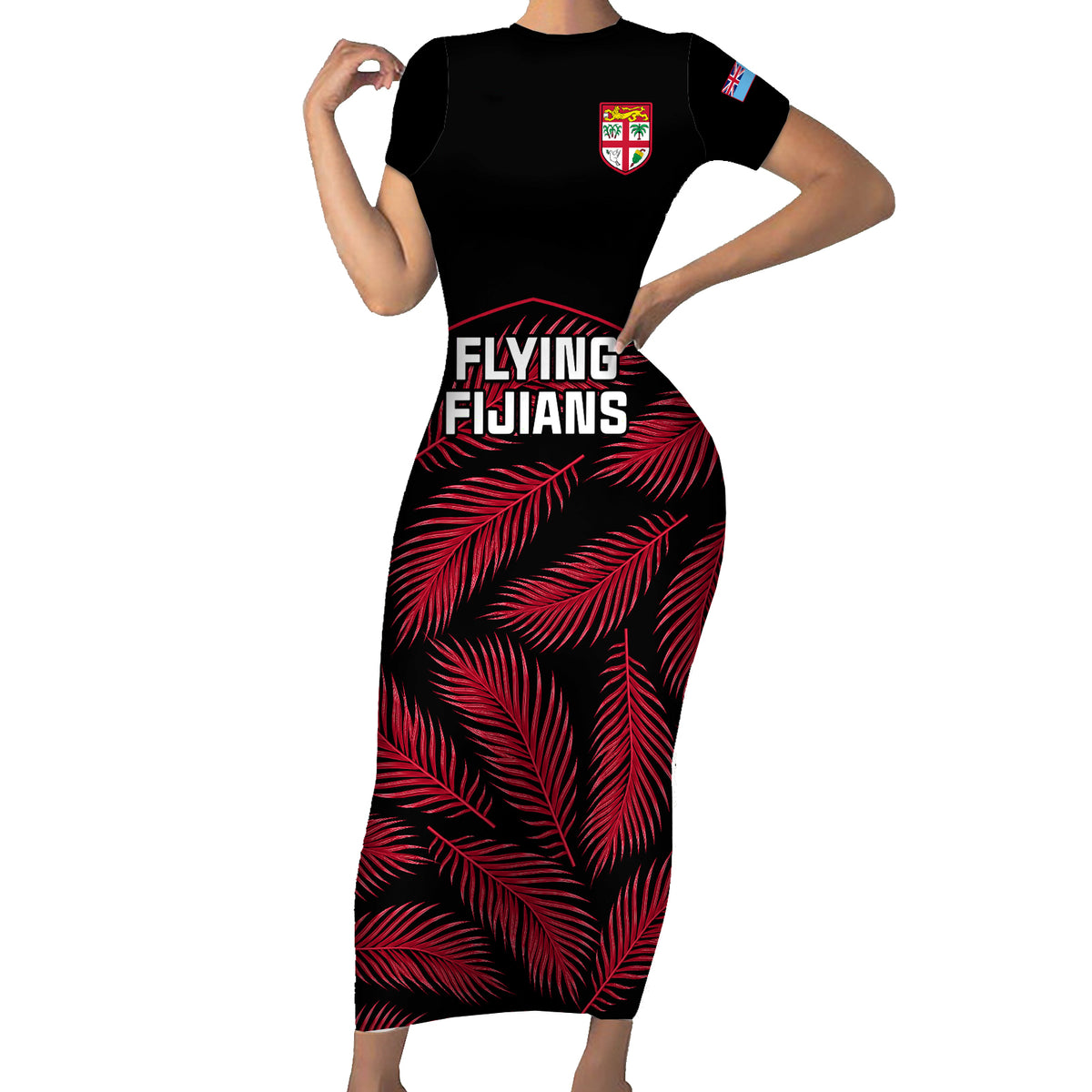 Fiji Rugby Short Sleeve Bodycon Dress Flying Fijians Red Palm Tree Version LT01 Long Dress Black - Polynesian Pride