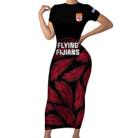Fiji Rugby Short Sleeve Bodycon Dress Flying Fijians Red Palm Tree Version LT01 Long Dress Black - Polynesian Pride