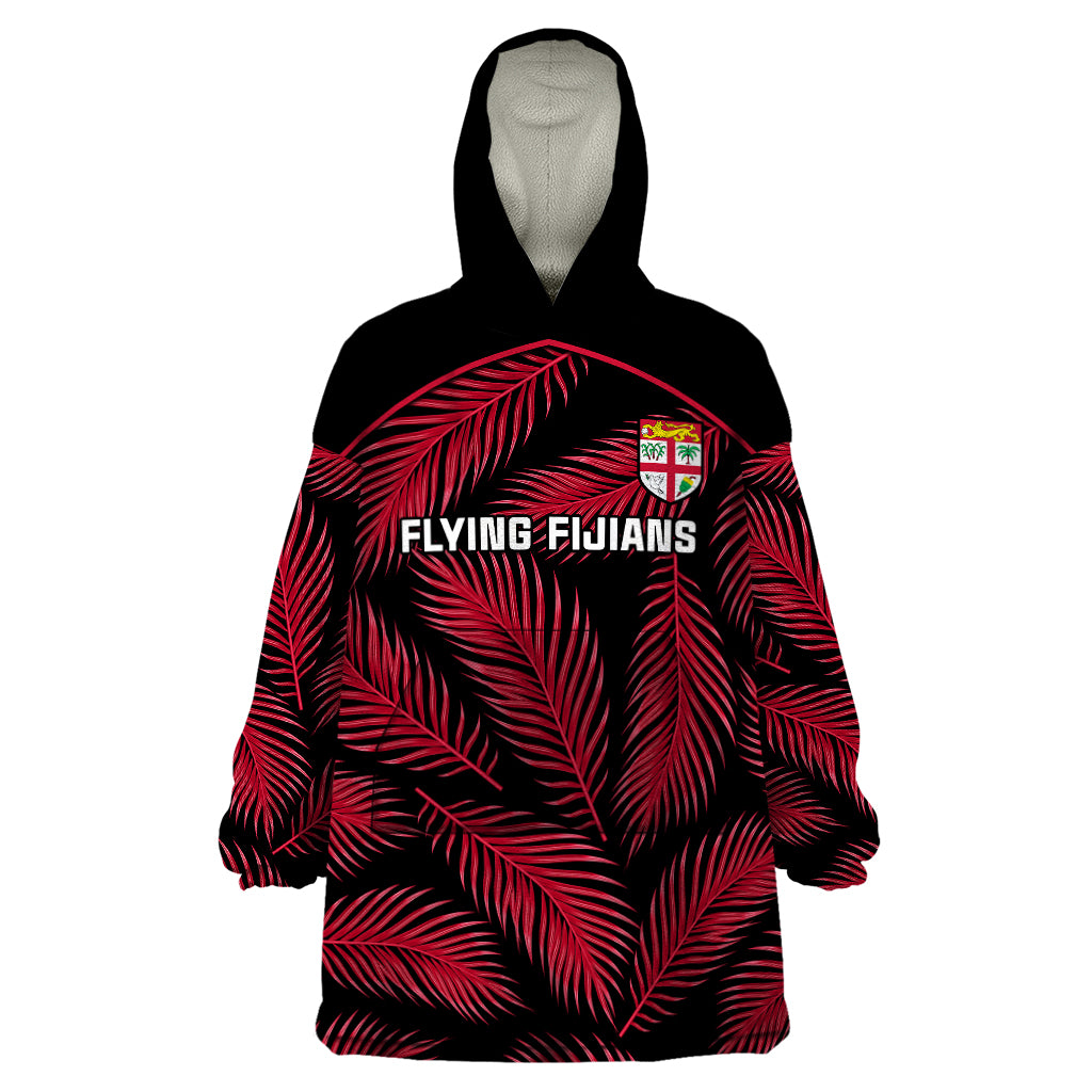 Fiji Rugby Wearable Blanket Hoodie Flying Fijians Red Palm Tree Version LT01 One Size Black - Polynesian Pride