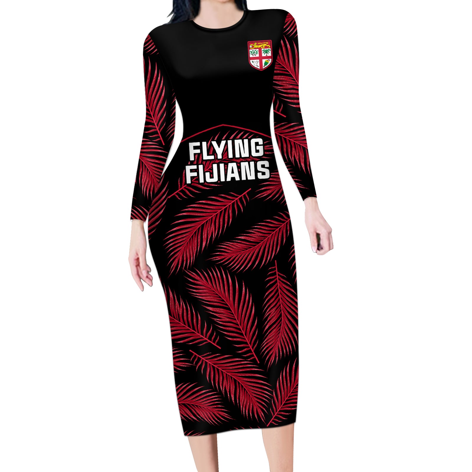 Custom Fiji Rugby Long Sleeve Bodycon Dress Flying Fijians Red Palm Tree Version LT01 Long Dress Black - Polynesian Pride