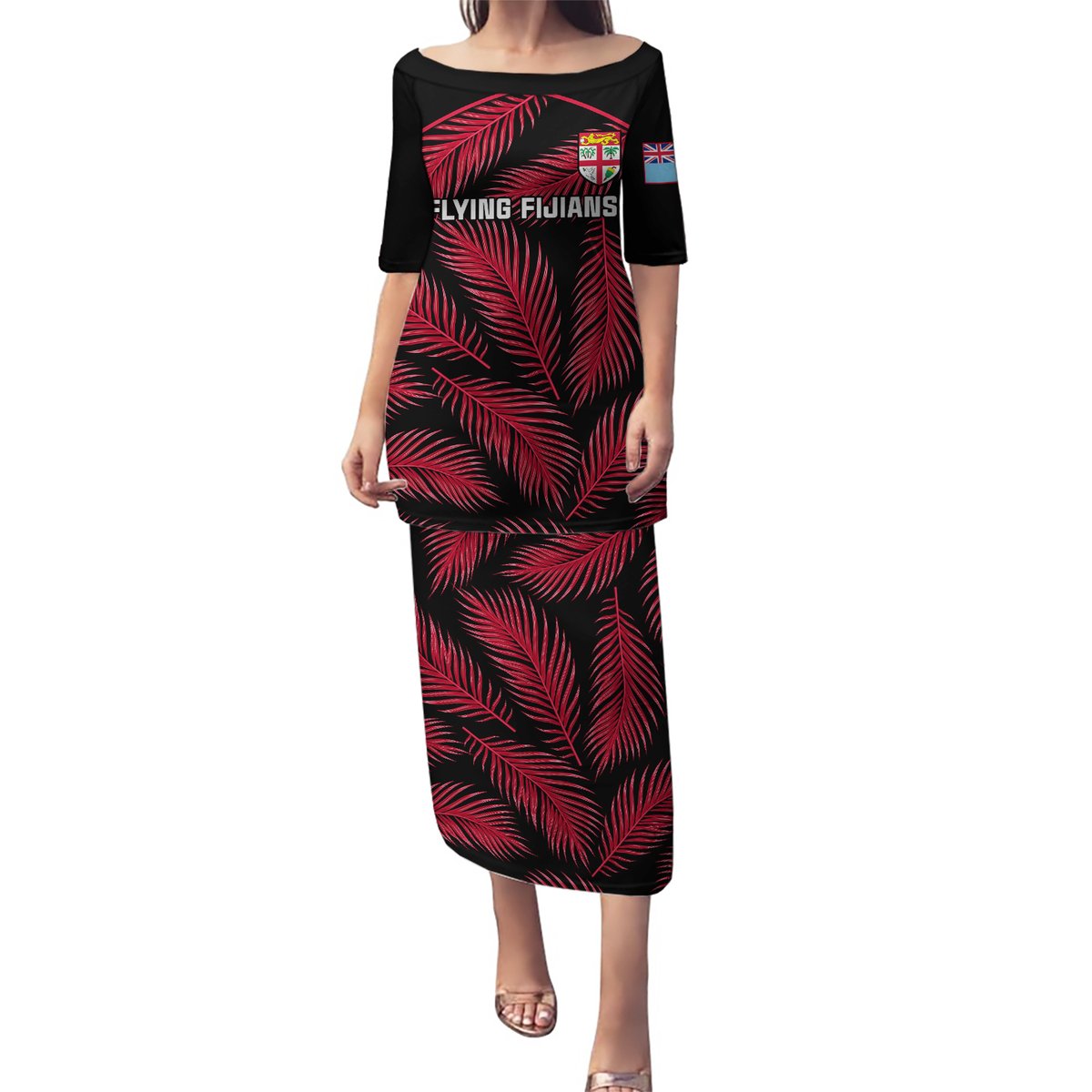 Custom Fiji Rugby Puletasi Flying Fijians Red Palm Tree Version LT01 Long Dress Black - Polynesian Pride