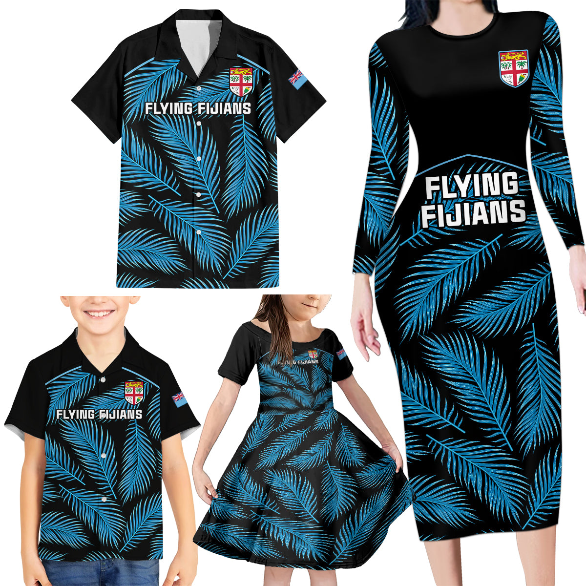 fiji-rugby-family-matching-long-sleeve-bodycon-dress-and-hawaiian-shirt-flying-fijians-blue-palm-tree-version