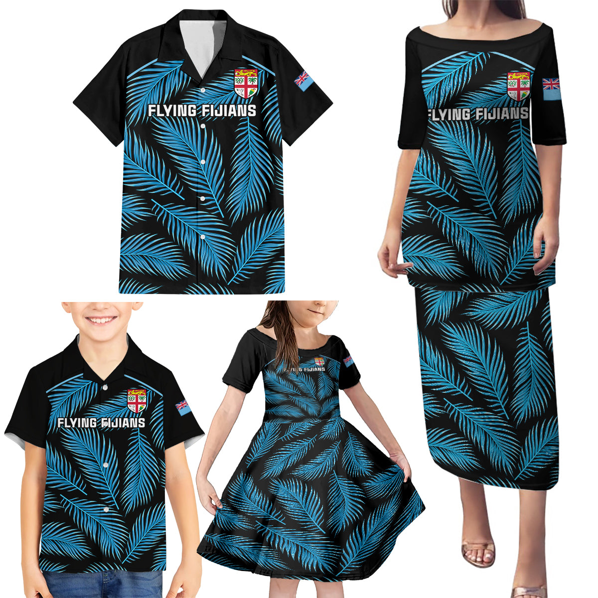 Fiji Rugby Family Matching Puletasi Dress and Hawaiian Shirt Flying Fijians Blue Palm Tree Version LT01 - Polynesian Pride