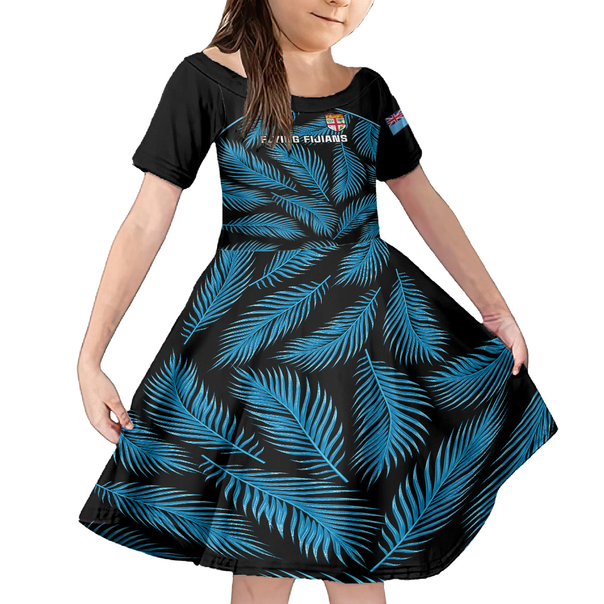 Fiji Rugby Kid Short Sleeve Dress Flying Fijians Blue Palm Tree Version LT01 KID Black - Polynesian Pride