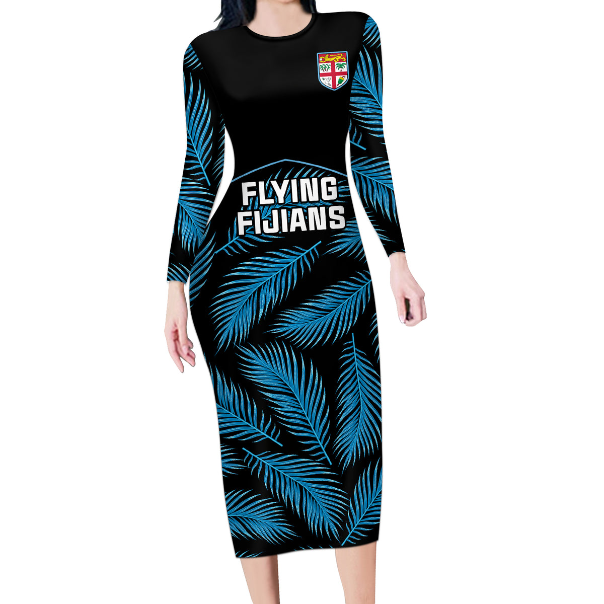 Fiji Rugby Long Sleeve Bodycon Dress Flying Fijians Blue Palm Tree Version LT01 Long Dress Black - Polynesian Pride