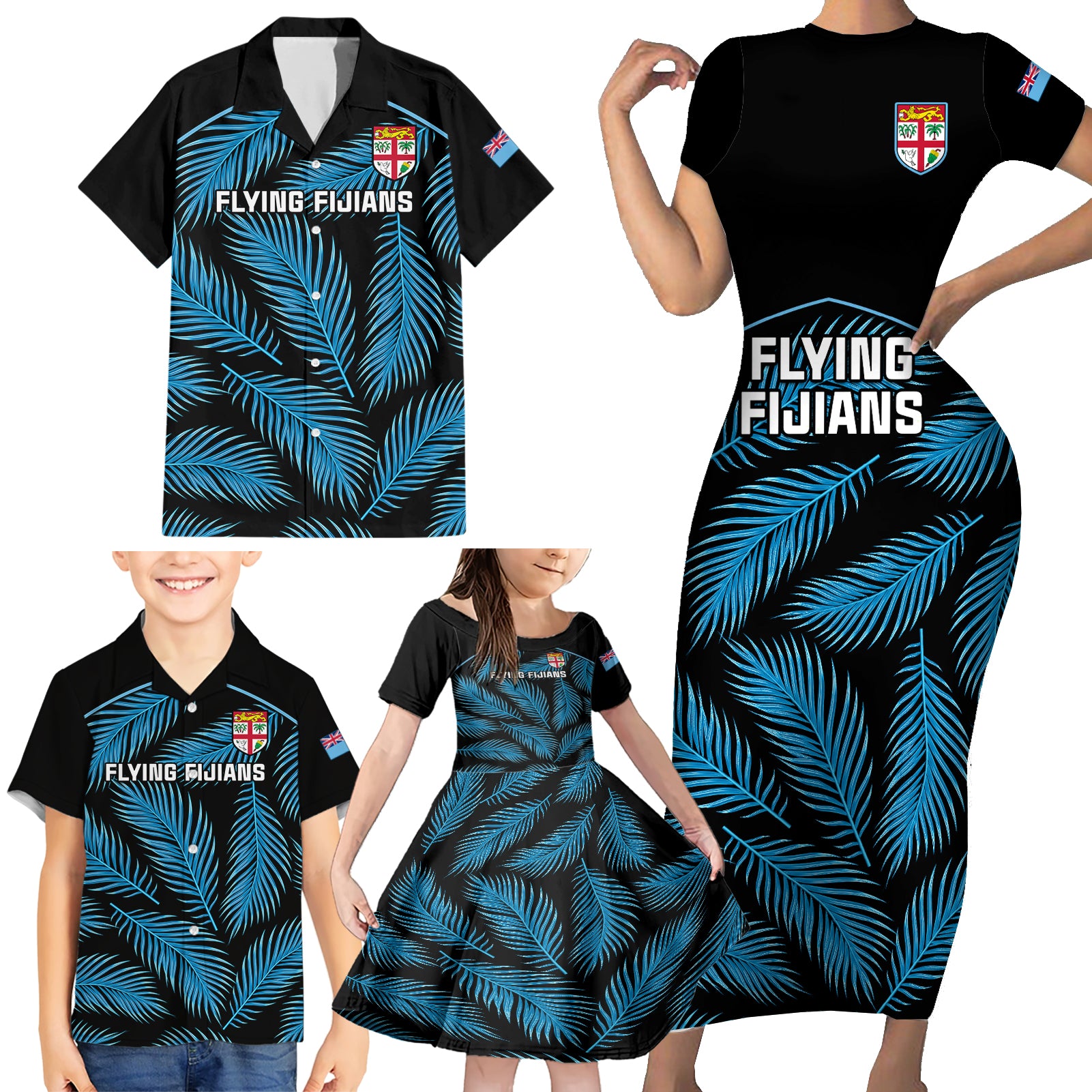 custom-fiji-rugby-family-matching-short-sleeve-bodycon-dress-and-hawaiian-shirt-flying-fijians-blue-palm-tree-version