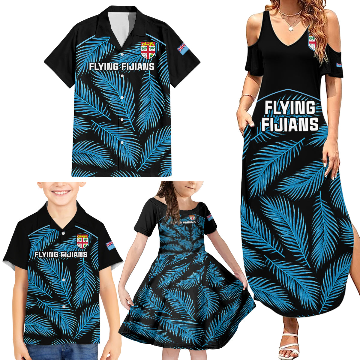 custom-fiji-rugby-family-matching-summer-maxi-dress-and-hawaiian-shirt-flying-fijians-blue-palm-tree-version