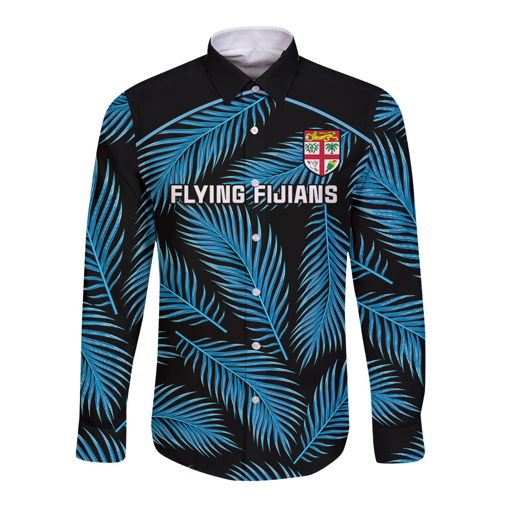 Custom Fiji Rugby Long Sleeve Button Shirt Flying Fijians Blue Palm Tree Version LT01 Unisex Black - Polynesian Pride