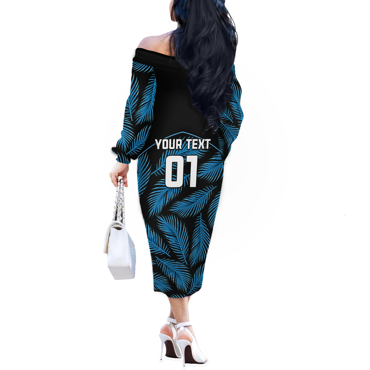Custom Fiji Rugby Off The Shoulder Long Sleeve Dress Flying Fijians Blue Palm Tree Version LT01 - Polynesian Pride