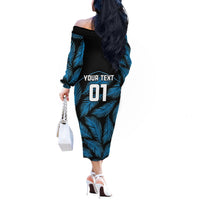 Custom Fiji Rugby Off The Shoulder Long Sleeve Dress Flying Fijians Blue Palm Tree Version LT01 - Polynesian Pride