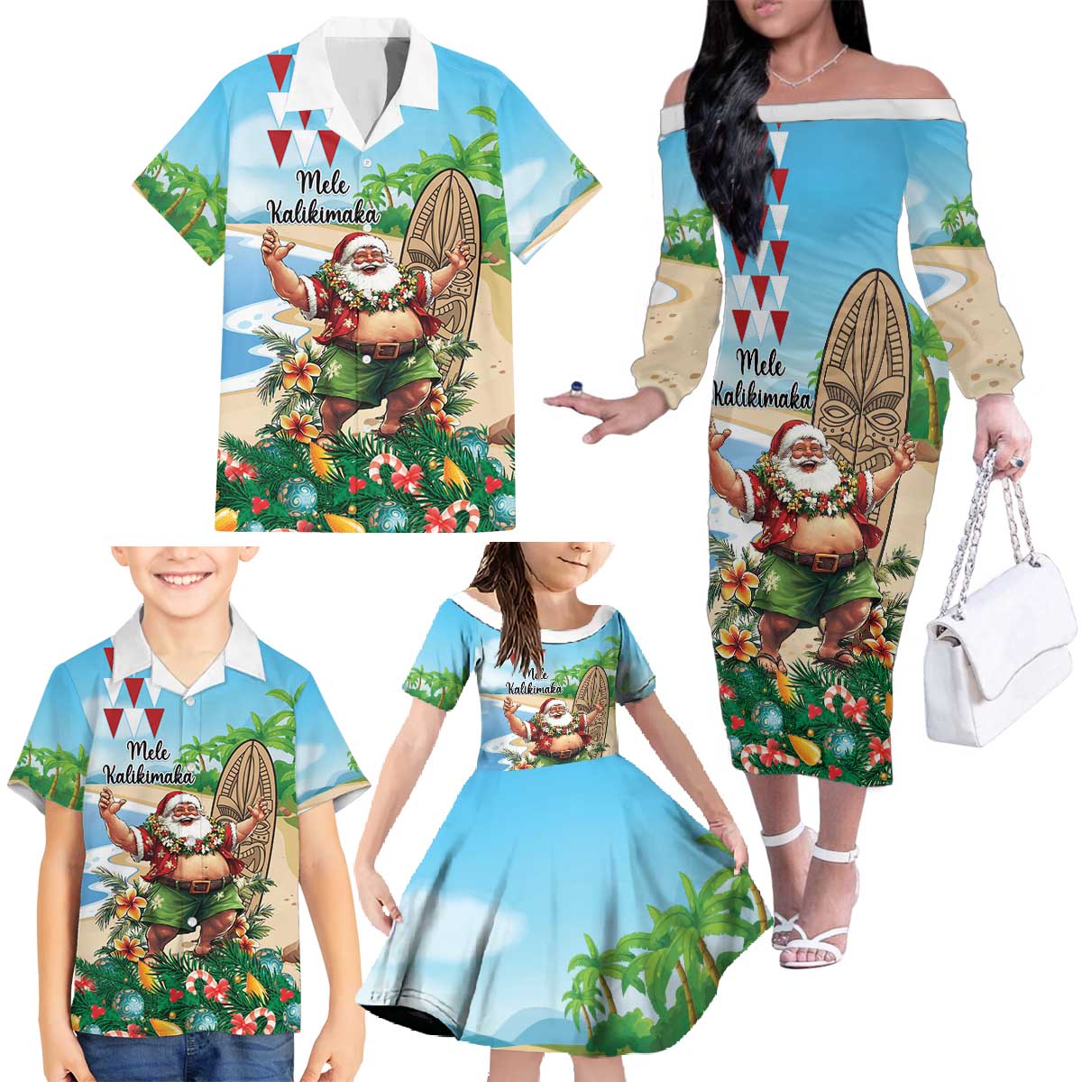 Hawaii Christmas Santa Claus Family Matching Off The Shoulder Long Sleeve Dress and Hawaiian Shirt Mele Kalikimaka Tropical Beach