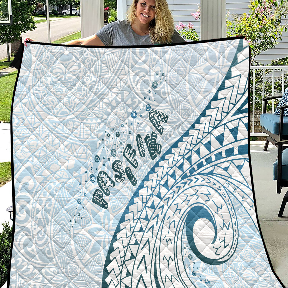 Pasifika Festival Quilt Tribal Pattern Blue Version