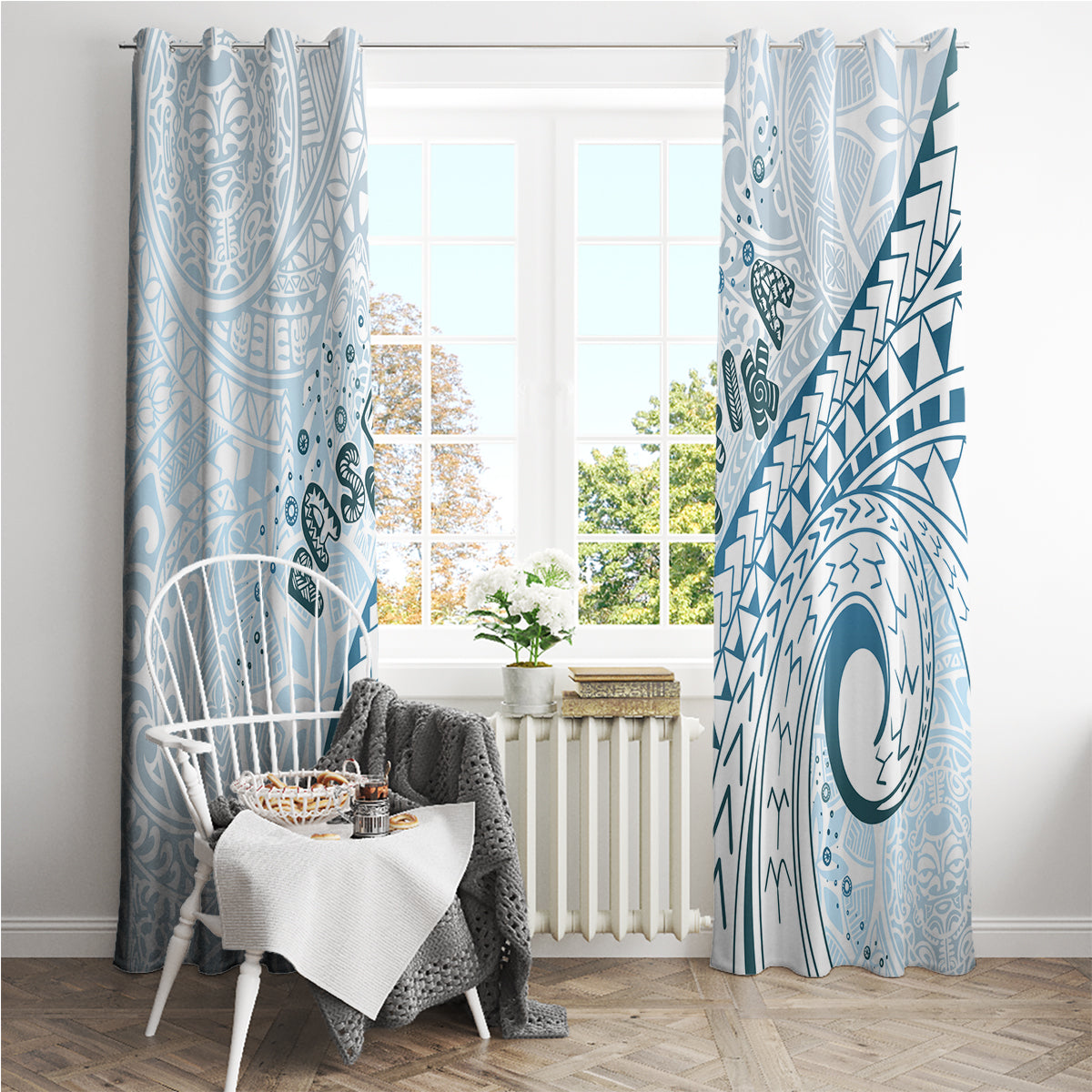 Pasifika Festival Window Curtain Tribal Pattern Blue Version LT01 - Polynesian Pride
