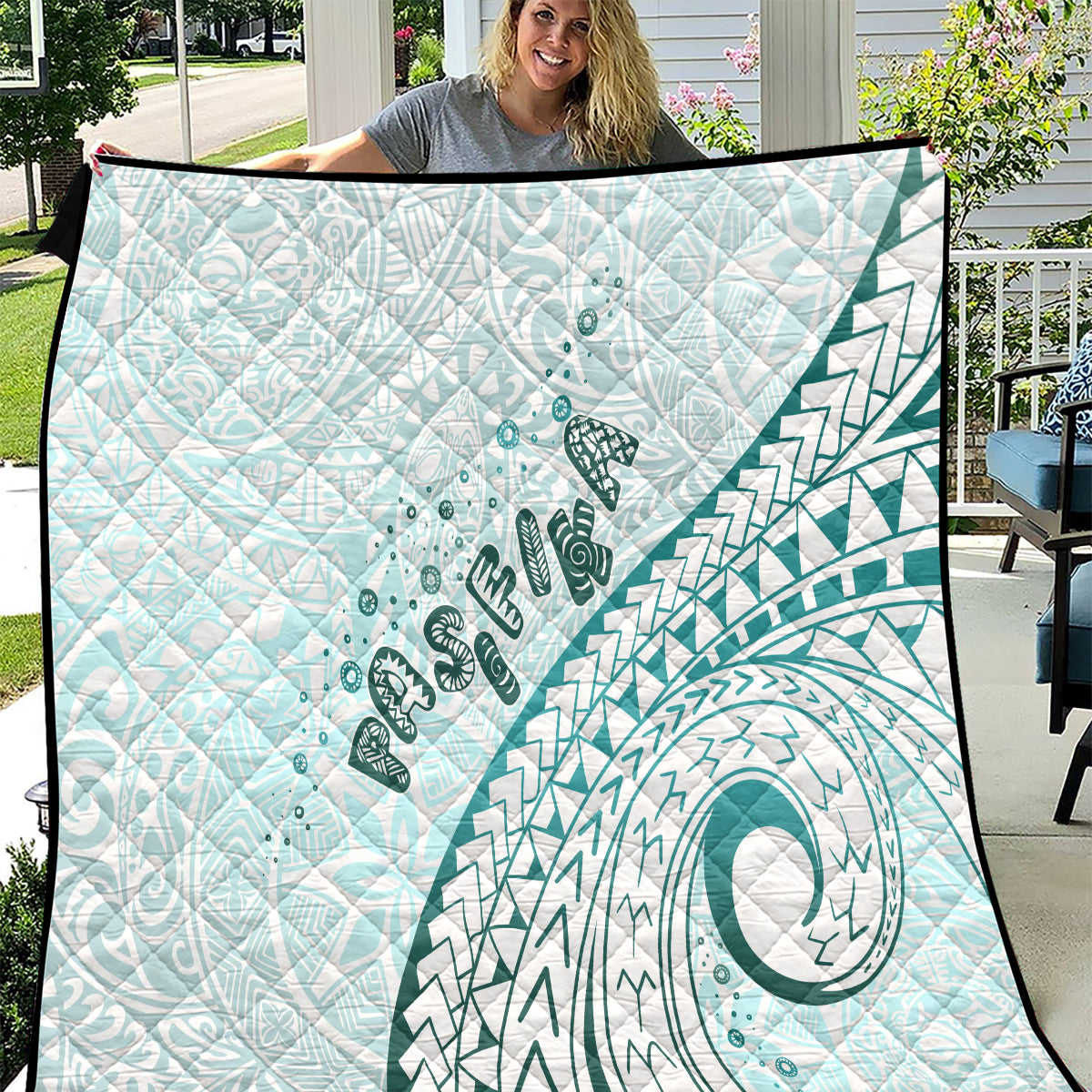 Pasifika Festival Quilt Tribal Pattern Teal Version