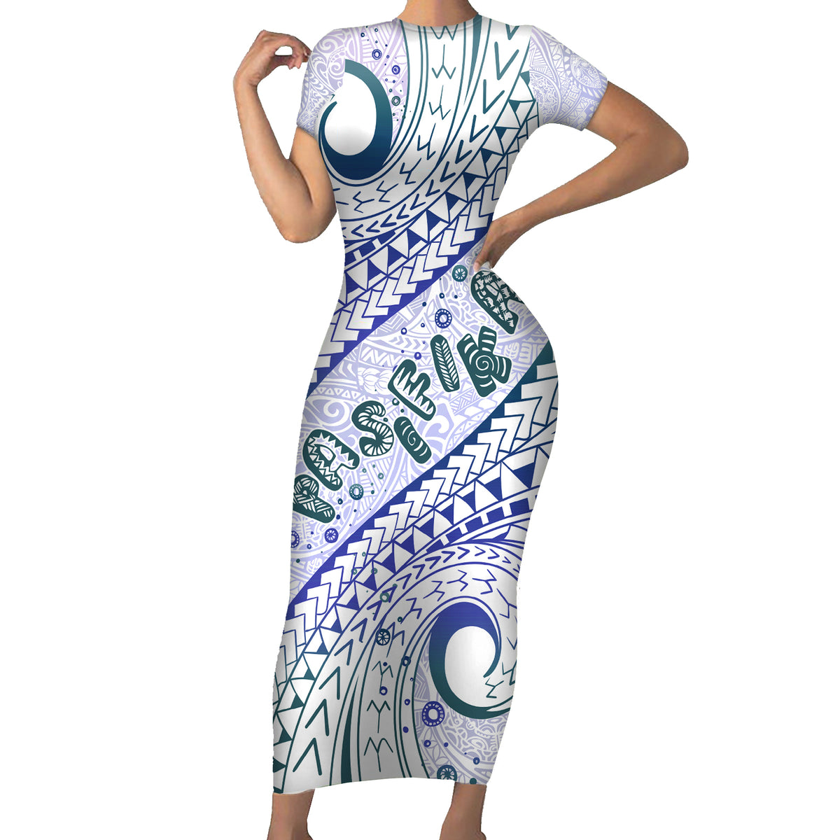 Pasifika Festival Short Sleeve Bodycon Dress Tribal Pattern Violet Version LT01 Long Dress Purple - Polynesian Pride