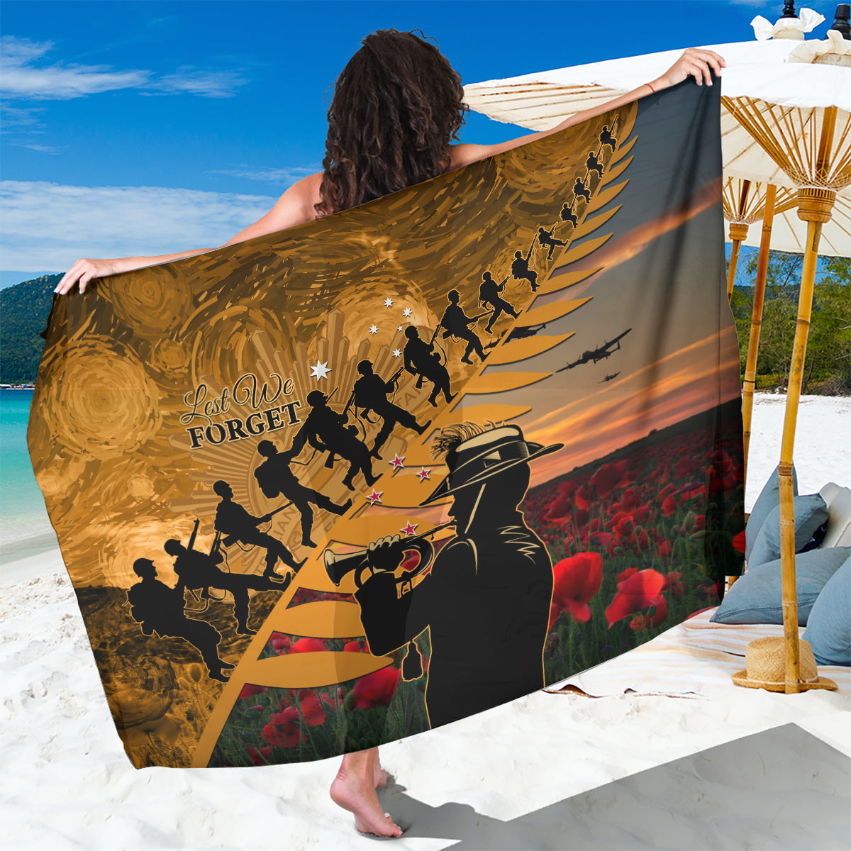 ANZAC Day 2024 Sarong Silver Fern With A Trumpet Soldier LT01 One Size 44 x 66 inches Art - Polynesian Pride
