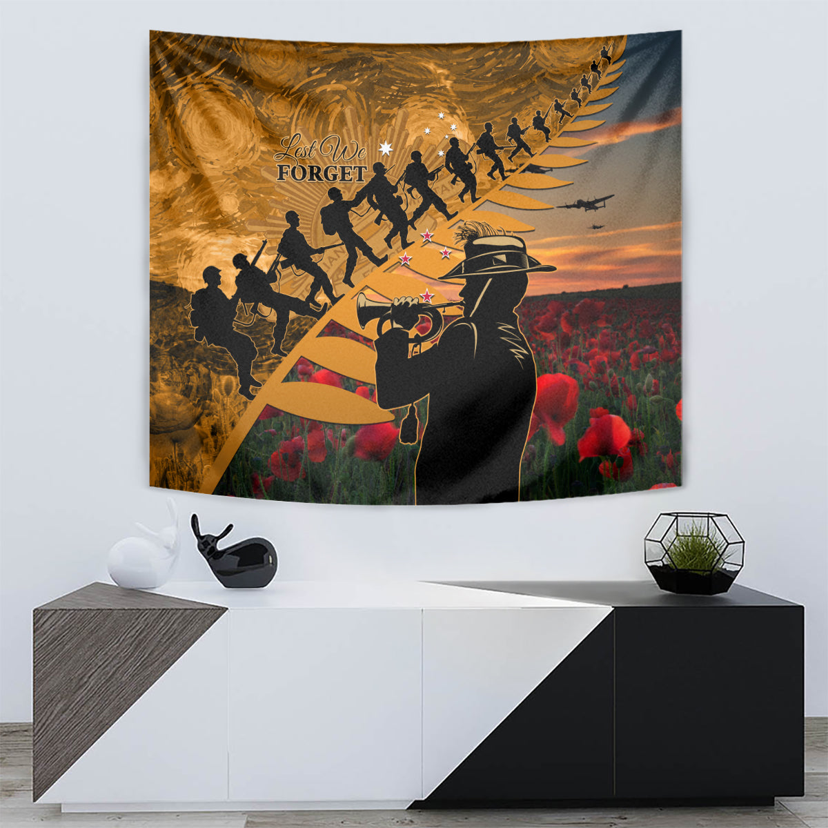 ANZAC Day 2024 Tapestry Silver Fern With A Trumpet Soldier LT01 - Polynesian Pride