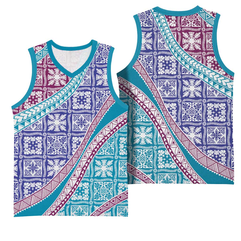 Hawaiian Quilt Pattern Basketball Jersey Purple Blue Color Mixed LT01 - Polynesian Pride