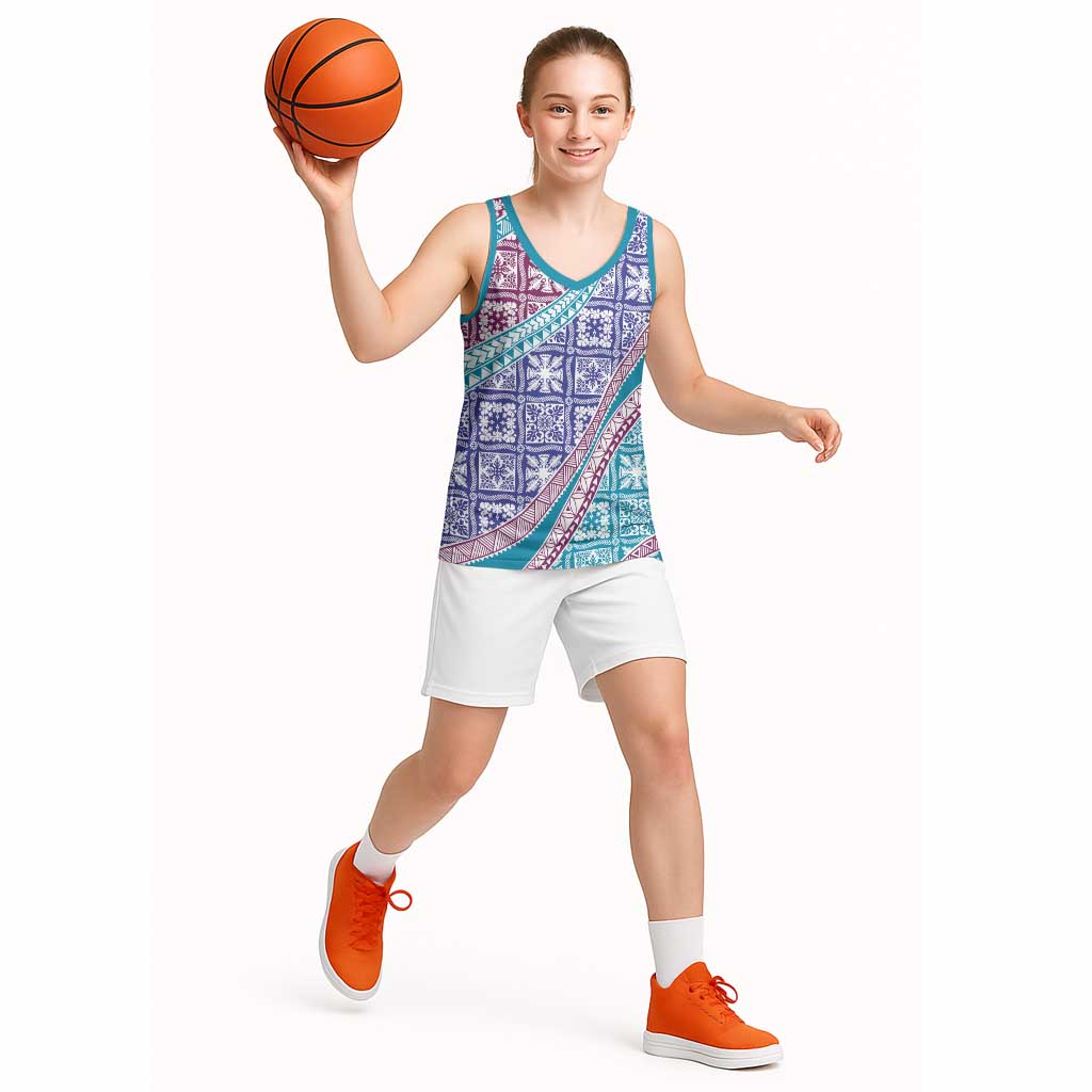 Hawaiian Quilt Pattern Basketball Jersey Purple Blue Color Mixed LT01 - Polynesian Pride