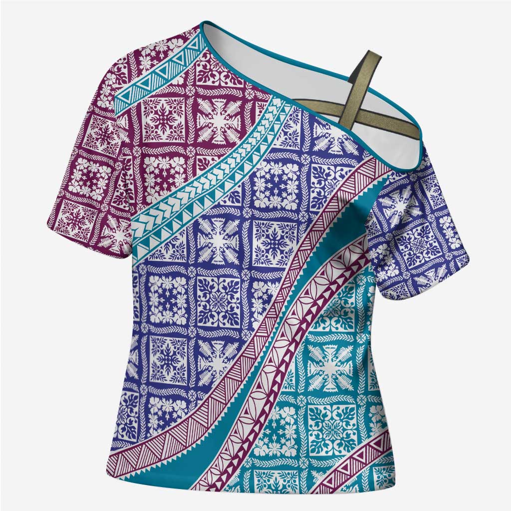 Hawaiian Quilt Pattern Cross Shoulder Shirt Purple Blue Color Mixed LT01 Female Purple - Polynesian Pride
