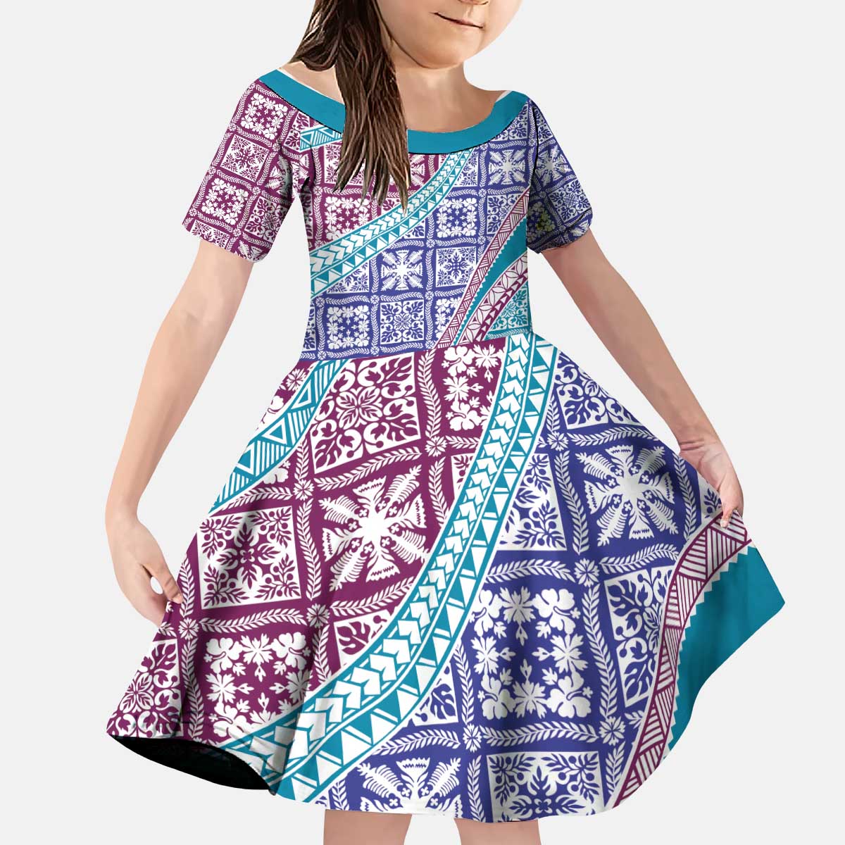 Hawaiian Quilt Pattern Kid Short Sleeve Dress Purple Blue Color Mixed LT01 KID Purple - Polynesian Pride