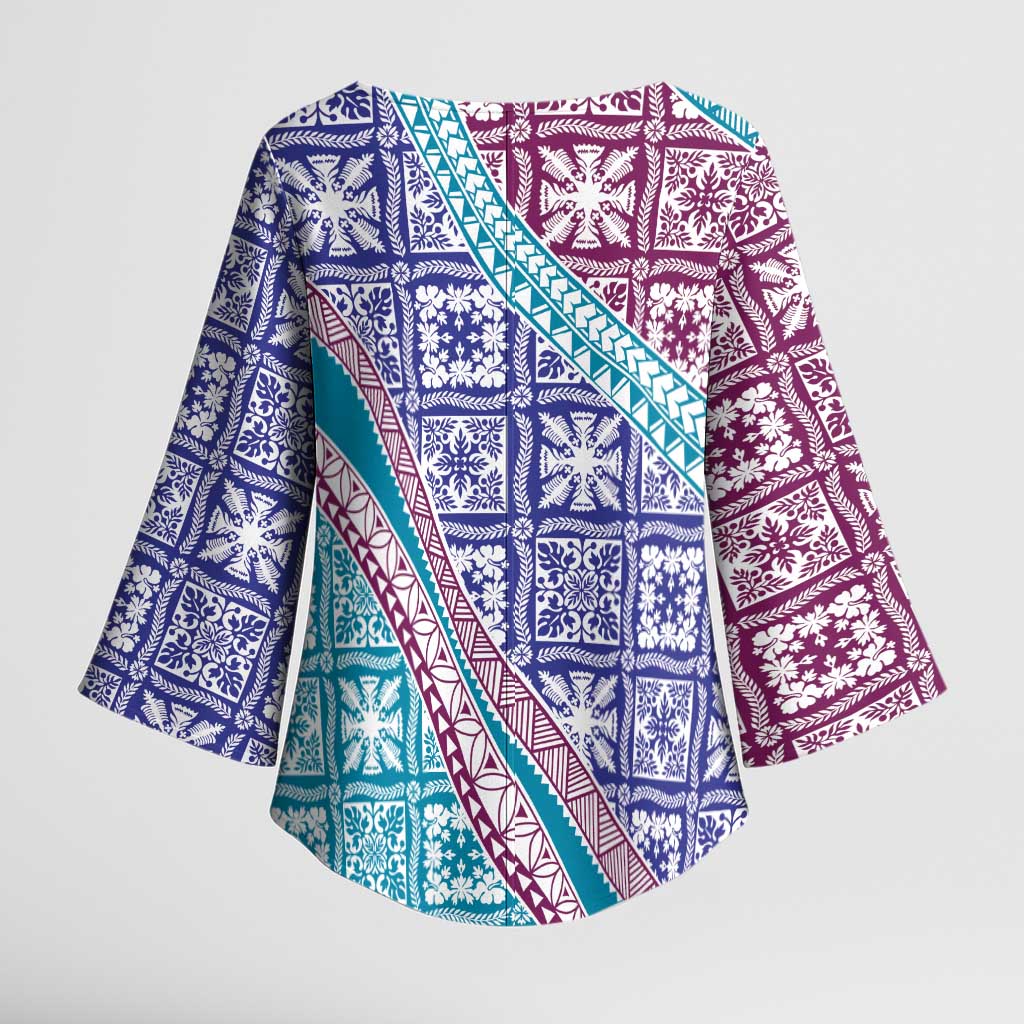 Hawaiian Quilt Pattern Kimono Sleeve Blouse Purple Blue Color Mixed LT01 - Polynesian Pride