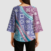 Hawaiian Quilt Pattern Kimono Sleeve Blouse Purple Blue Color Mixed LT01 - Polynesian Pride