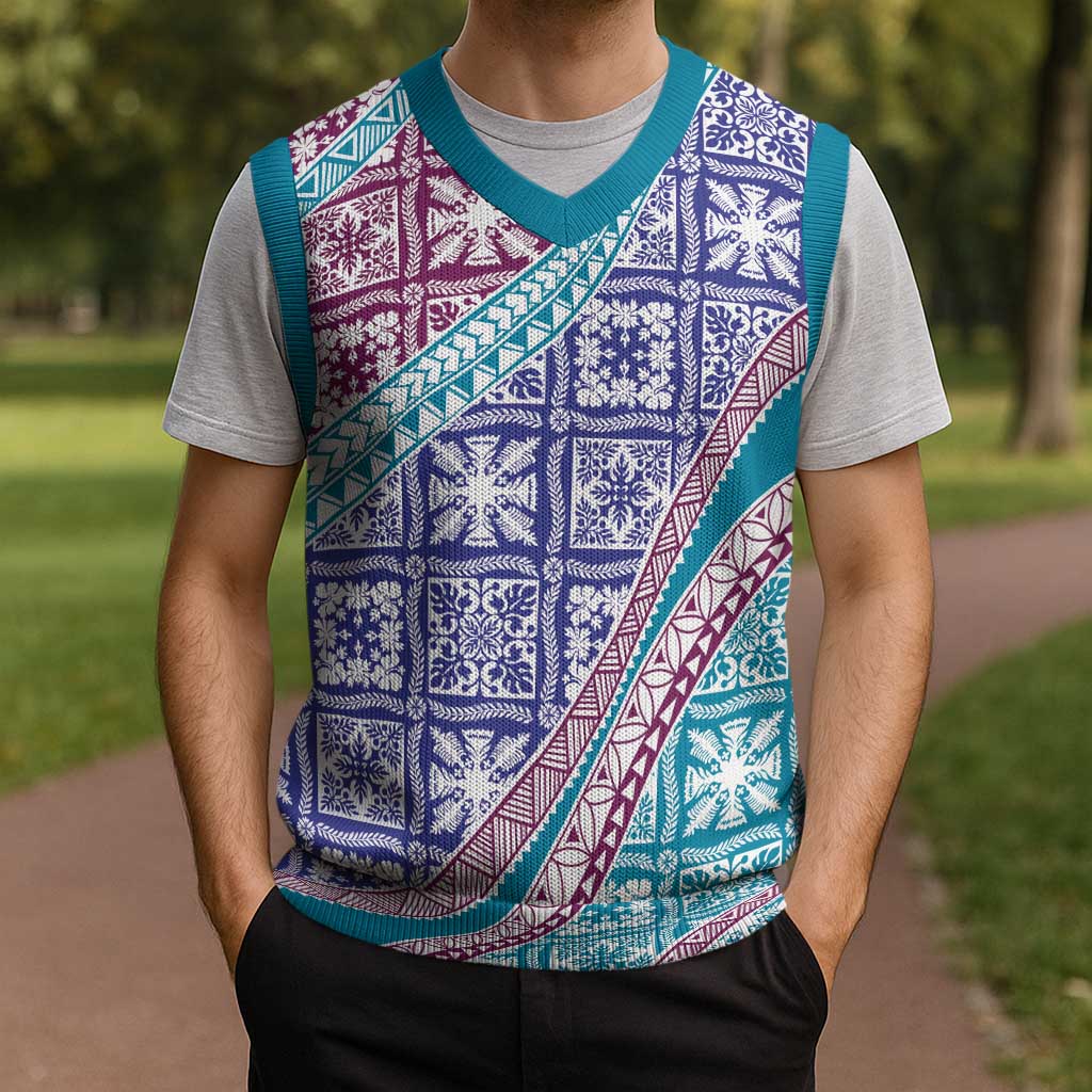 Hawaiian Quilt Pattern Christmas Knitted V-Neck Vest Purple Blue Color Mixed LT01 - Polynesian Pride