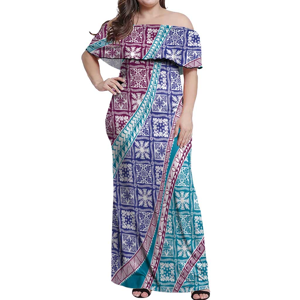Hawaiian Quilt Pattern Off Shoulder Maxi Dress Purple Blue Color Mixed LT01 Women Purple - Polynesian Pride