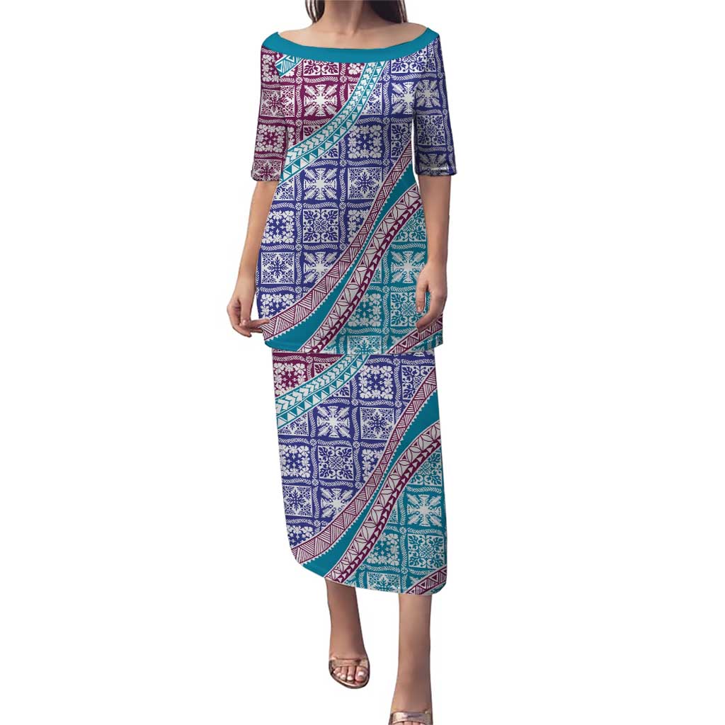 Hawaiian Quilt Pattern Puletasi Purple Blue Color Mixed LT01 Long Dress Purple - Polynesian Pride