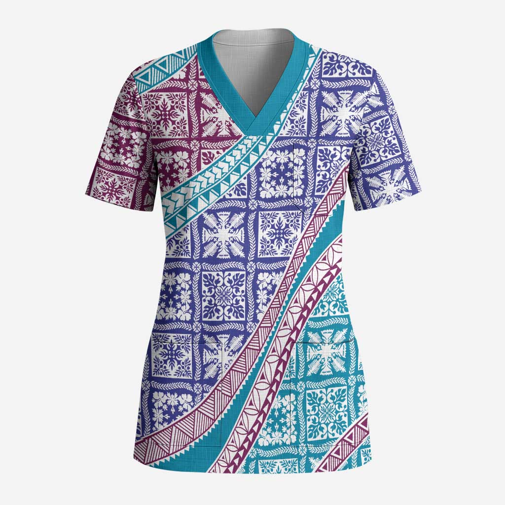 Hawaiian Quilt Pattern Scrub Top Purple Blue Color Mixed LT01 Adult Purple - Polynesian Pride