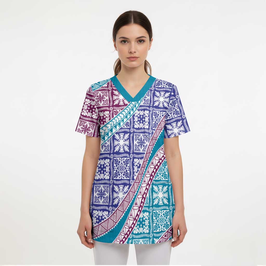 Hawaiian Quilt Pattern Scrub Top Purple Blue Color Mixed LT01 - Polynesian Pride