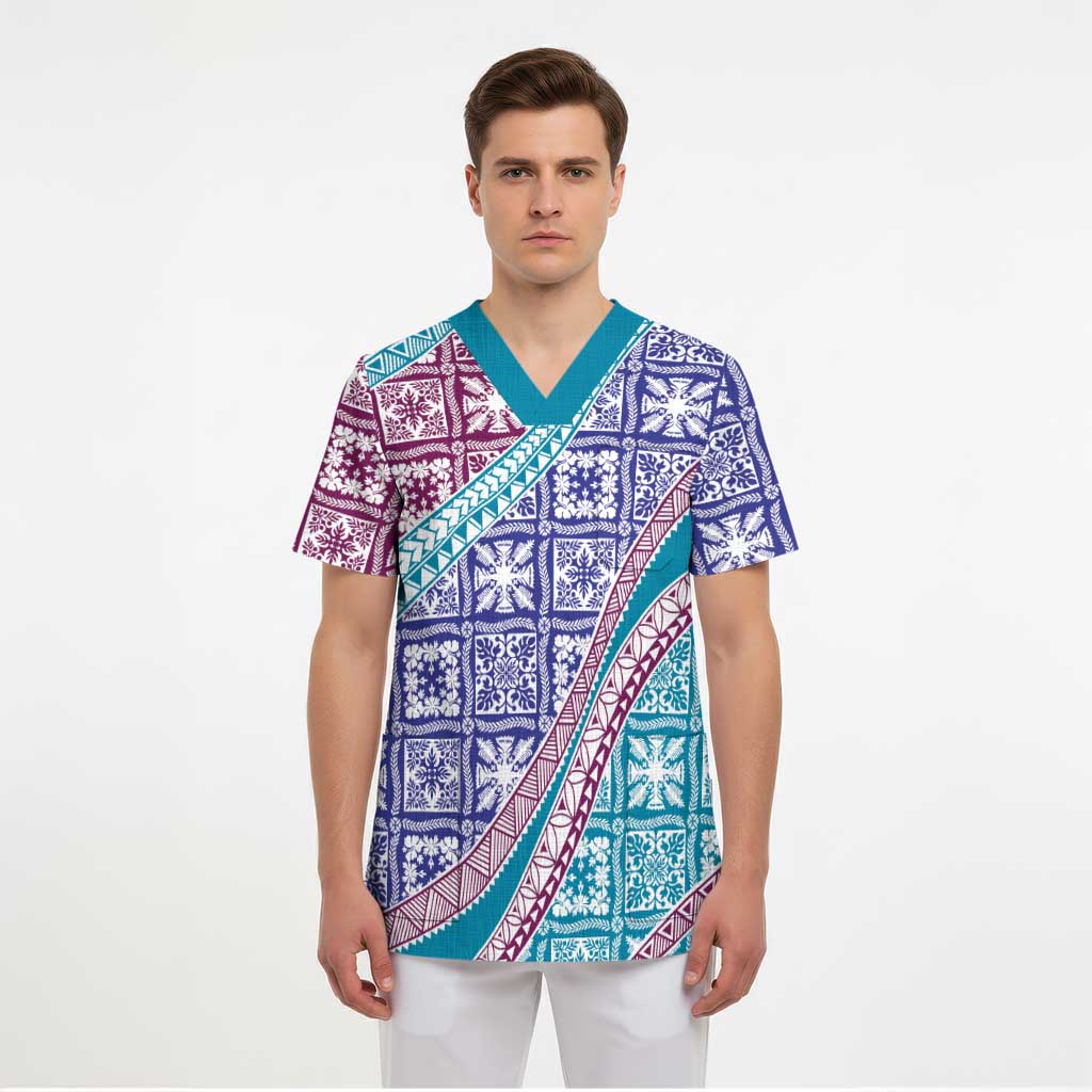 Hawaiian Quilt Pattern Scrub Top Purple Blue Color Mixed LT01 - Polynesian Pride