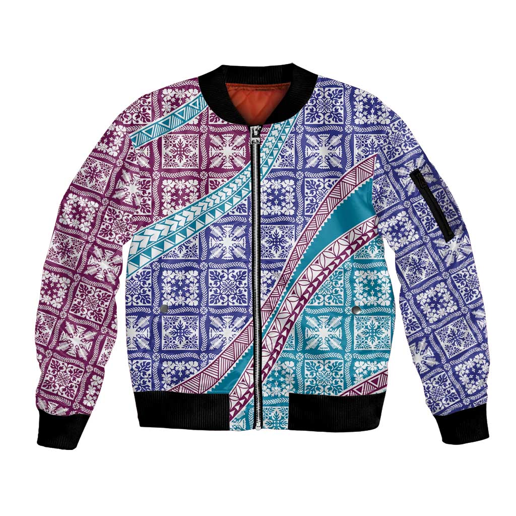Hawaiian Quilt Pattern Sleeve Zip Bomber Jacket Purple Blue Color Mixed LT01 Unisex Purple - Polynesian Pride