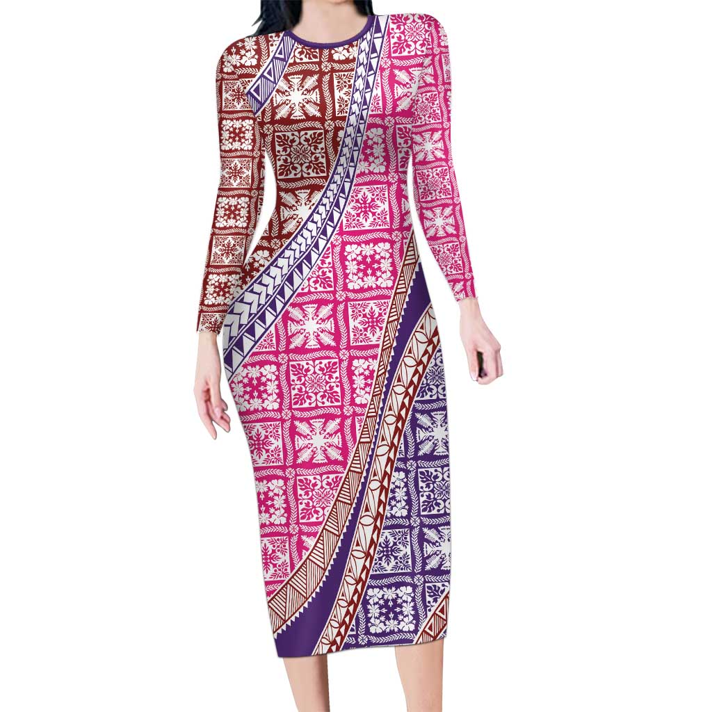 Hawaiian Quilt Pattern Long Sleeve Bodycon Dress Sweet Color Mixed LT01 Long Dress Pink - Polynesian Pride