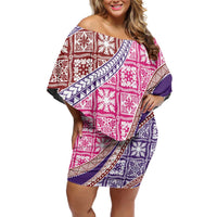 Hawaiian Quilt Pattern Off Shoulder Short Dress Sweet Color Mixed LT01 Women Pink - Polynesian Pride