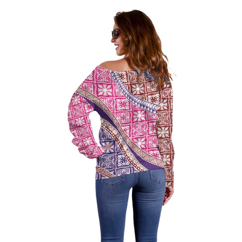 Hawaiian Quilt Pattern Off Shoulder Sweater Sweet Color Mixed LT01 - Polynesian Pride