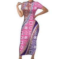 Hawaiian Quilt Pattern Short Sleeve Bodycon Dress Sweet Color Mixed LT01 Long Dress Pink - Polynesian Pride