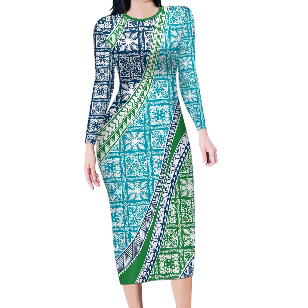 Hawaiian Quilt Pattern Long Sleeve Bodycon Dress Fresh Color Mixed LT01 Long Dress Green - Polynesian Pride