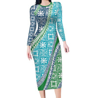 Hawaiian Quilt Pattern Long Sleeve Bodycon Dress Fresh Color Mixed LT01 Long Dress Green - Polynesian Pride