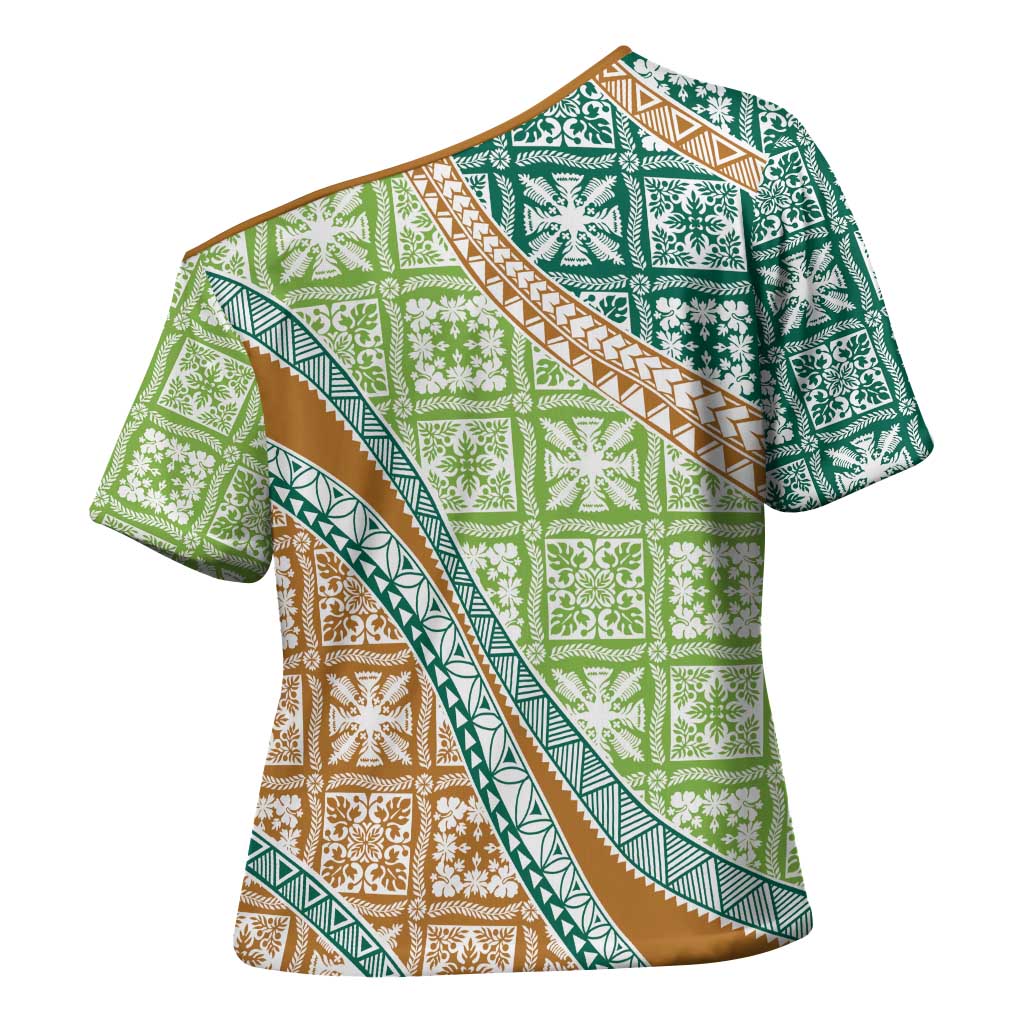 Hawaiian Quilt Pattern Cross Shoulder Shirt Green Chestnut Color Mixed LT01 - Polynesian Pride