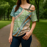 Hawaiian Quilt Pattern Cross Shoulder Shirt Green Chestnut Color Mixed LT01 - Polynesian Pride