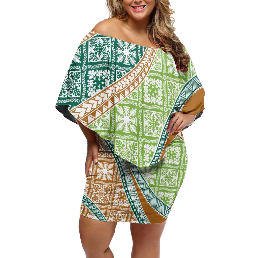 Hawaiian Quilt Pattern Off Shoulder Short Dress Green Chestnut Color Mixed LT01 Women Green - Polynesian Pride